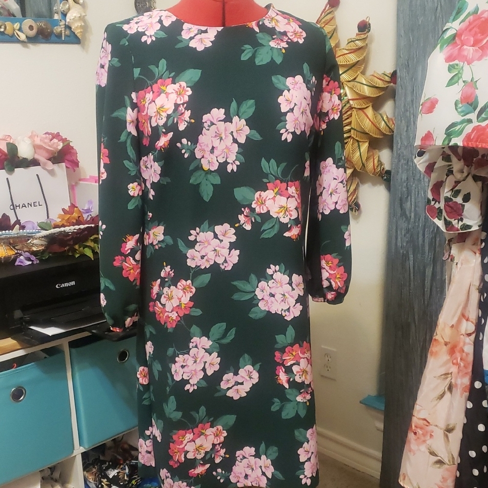 Ann Taylor Dark Green Floral Long Sleeve Dress